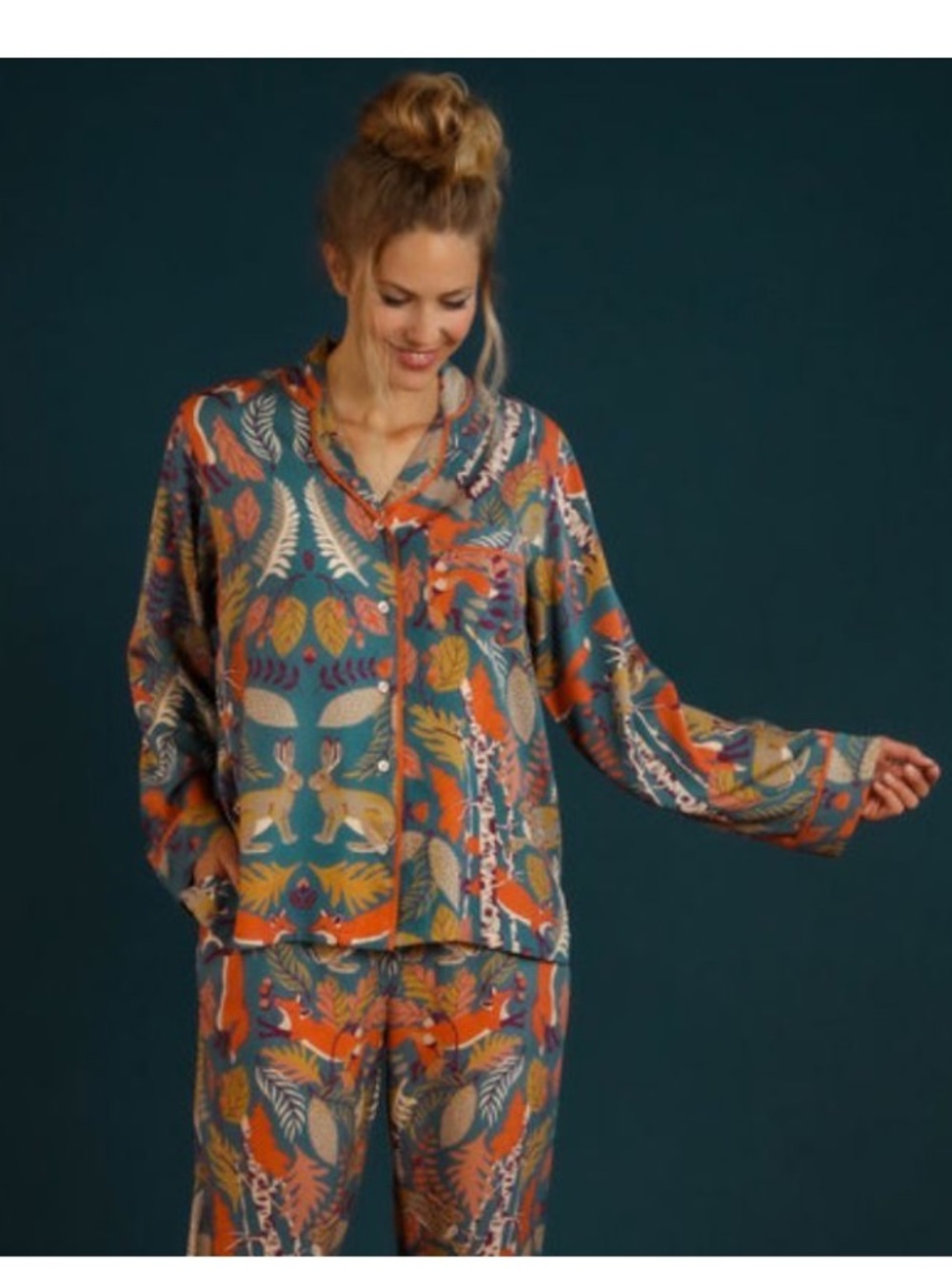 Powder Woodland Kingdom Fox Hare Leaf Print Pajama Top 100% Modal